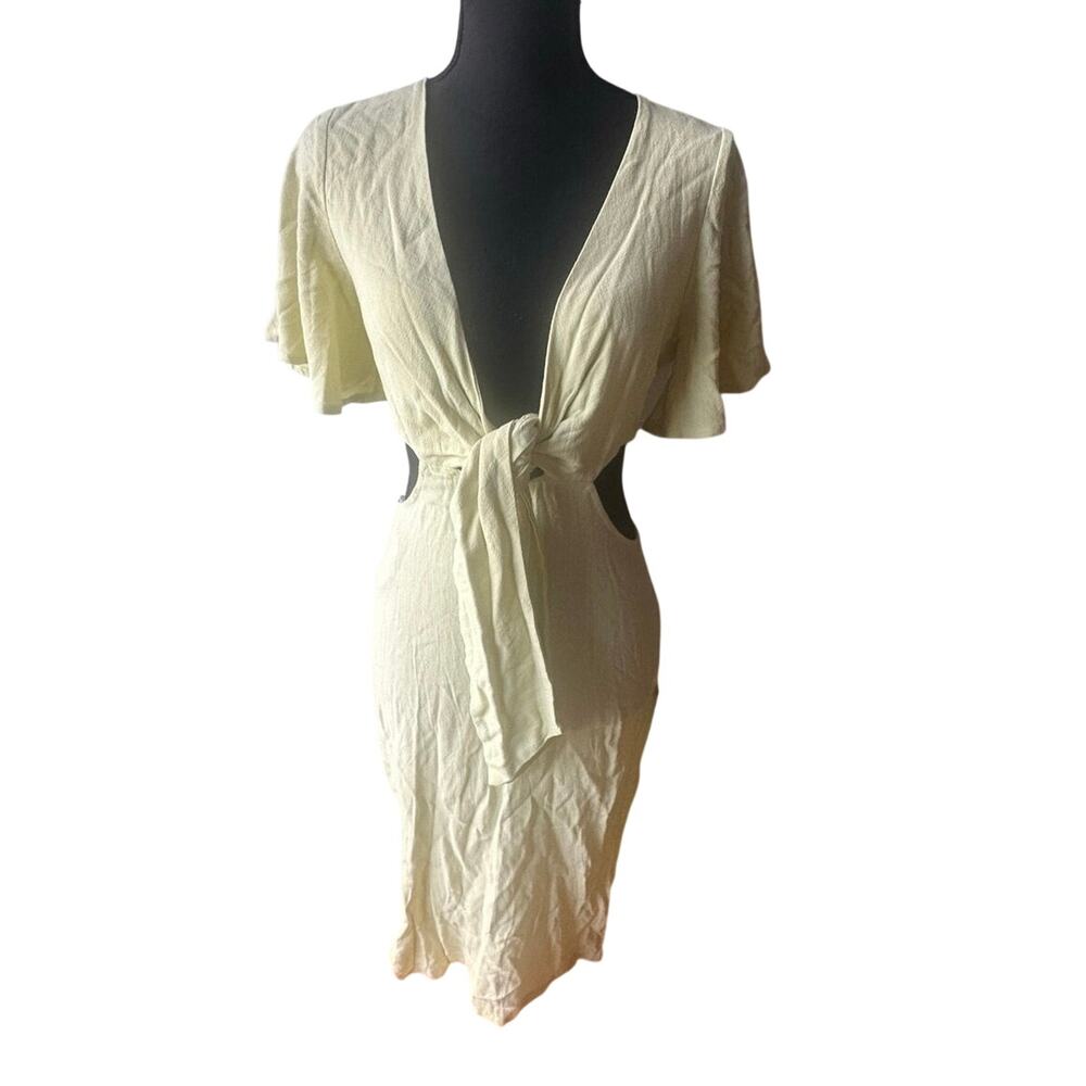 Lulus Summer Journey Green Linen Blend Midi Dress XS Cutout Tie Front Chic